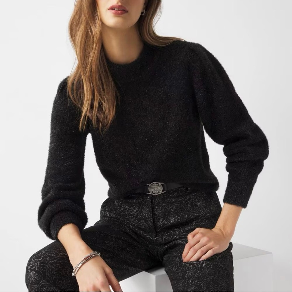 White House Black Market Black Crew Neck Sweater with Balloon Sleeves